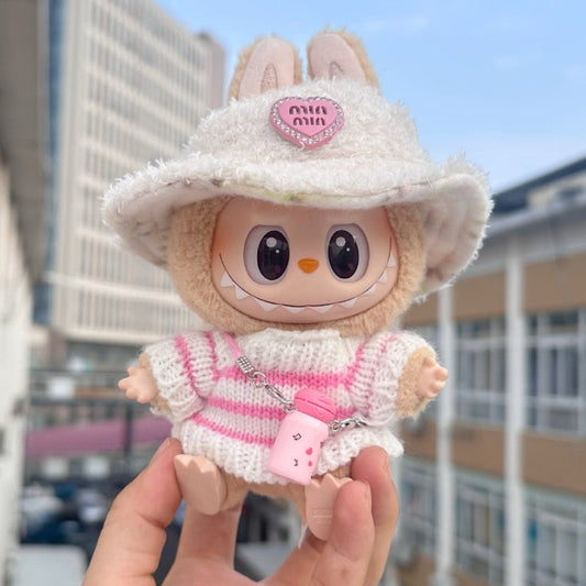 POP MART The Monsters Labubu Fashion Outfit - White fluffy hat + pink sweater + small water bottle