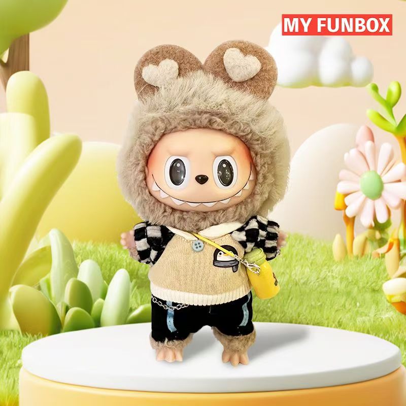 POP MART The Monsters Labubu Fashion Outfit - Fuzzy Headband + Black and White Checked Top + Black Pants + Small Water Bottle