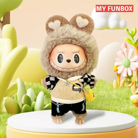 POP MART The Monsters Labubu Fashion Outfit - Fuzzy Headband + Black and White Checked Top + Black Pants + Small Water Bottle