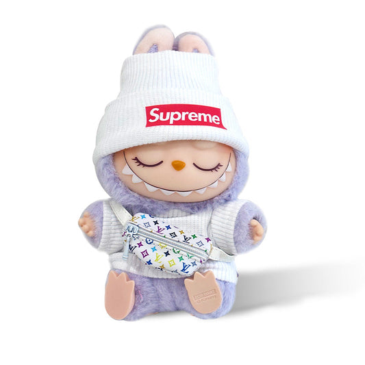 POP MART The Monsters Labubu Fashion Outfit - Supreme Style White Top+ LV Style Bag+Hat
