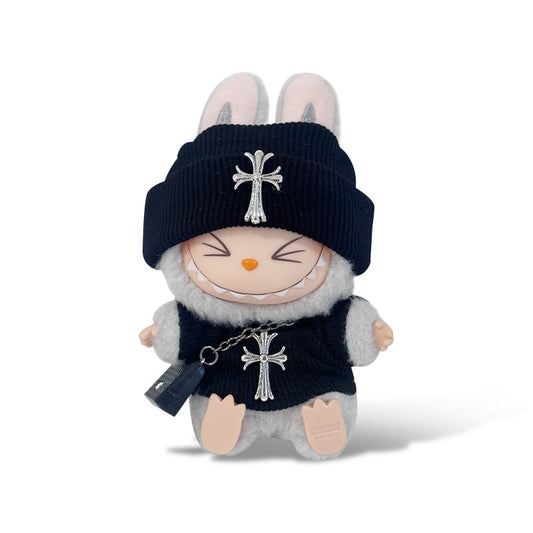 POP MART The Monsters Labubu Fashion Outfit - Chrome Hearts Style Black overalls + Black hat + Black Bag