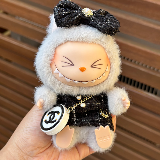 POP MART The Monsters Labubu Fashion Outfit - Black and White Chanel Style + Bow + Chanel style bag