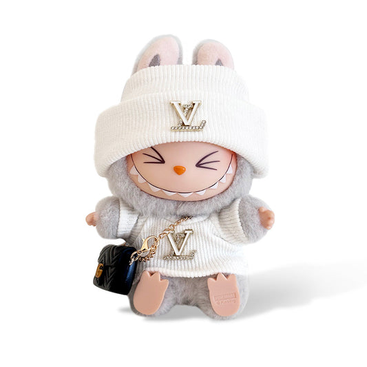 POP MART The Monsters Labubu Fashion Outfit - LV Style White Top with Metallic Logo + White Hat + Black Bag (Pre-order 1-2 weeks arrive)