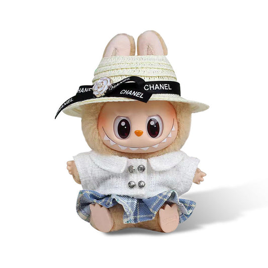 POP MART The Monsters Labubu Fashion Outfit - Chanel Style White Top+ Skirt+Straw hat (Pre-order 1-2 weeks arrive)
