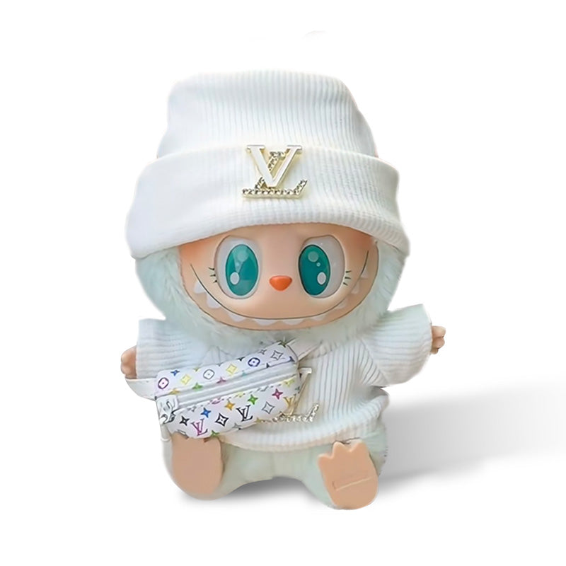 POP MART The Monsters Labubu Fashion Outfit - L Style White Top with Metallic Logo + White Hat + L Style Bag