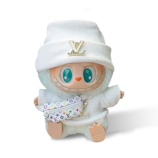 POP MART The Monsters Labubu Fashion Outfit - L Style White Top with Metallic Logo + White Hat + L Style Bag
