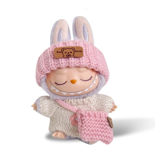 POP MART The Monsters Labubu Fashion Outfit -  Pink knitted hat + white floral sweater + pink knitted bag