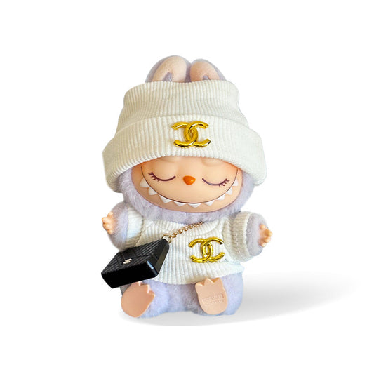POP MART The Monsters Labubu Fashion Outfit - White Chanel Logo Style Top + Hat + Bag