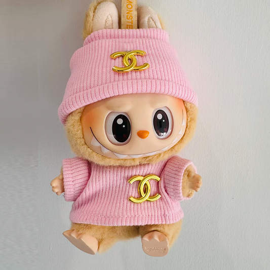 POP MART The Monsters Labubu Fashion Outfit - Chanel Style Gold LogoPink Top + Pink hat